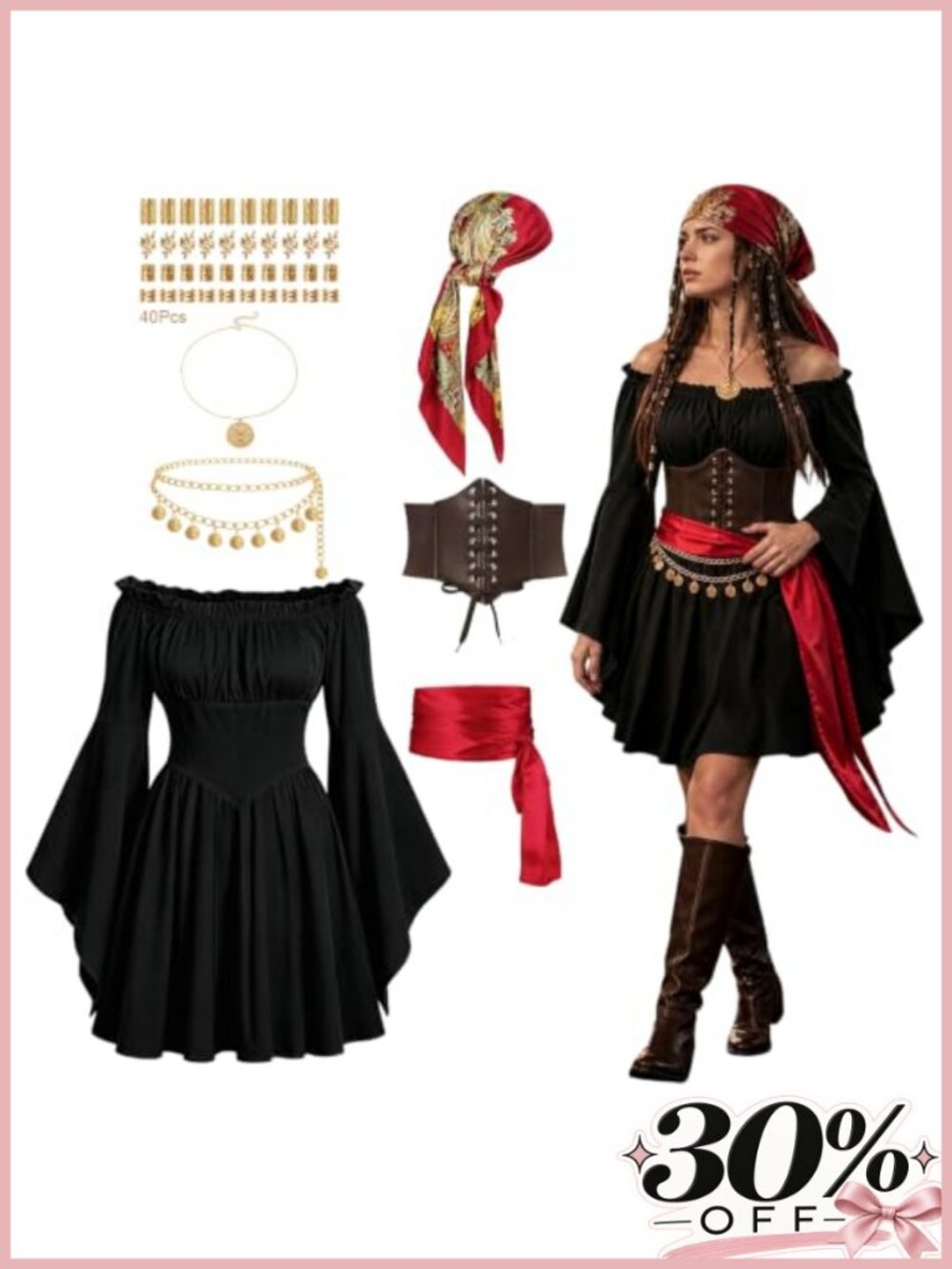 Womens Pirate Costume 7 Piece Corset Dress Renaissance Halloween Set